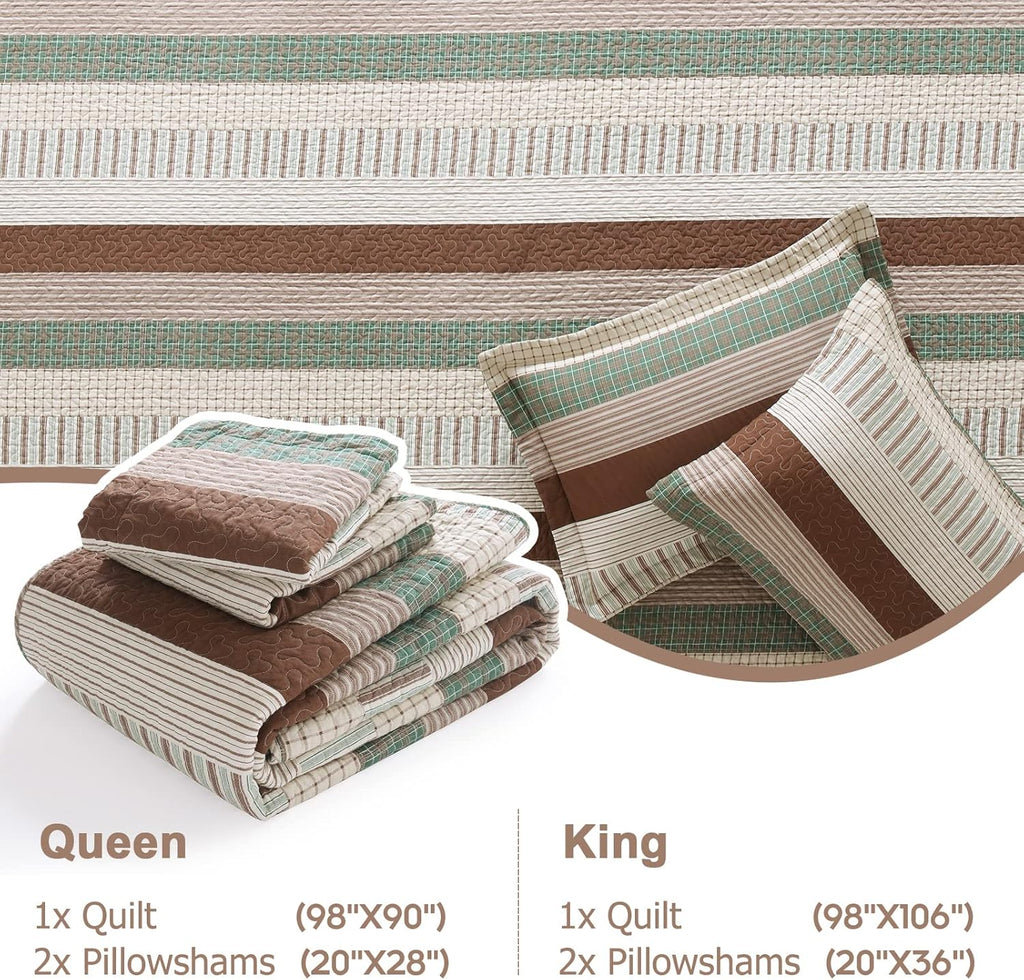 Finlonte 100% Cotton King Size Quilt Set, Patchwork Striped King Quilt Bedding Set Farmhouse Bedspread, Lightweight Quilted Comforter Reversible Bed Spread for All Season, Green/Brown/Beige, 3 Pieces