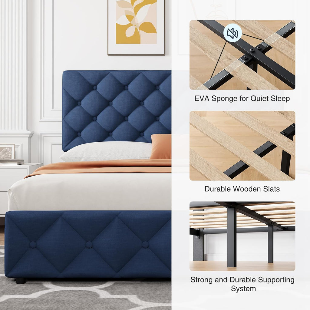 GAOMON Full Size Bed Frame with 4 Storage Drawers, Linen Upholstered Platform Bed Frame with Headboard and Footboard, Wooden Slats Support, Diamond Stitched Button Tufted, No Box Spring Needed, Blue
