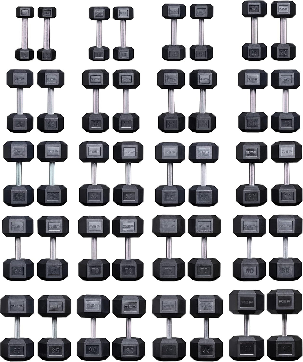 Rep 5-100 lb Rubber Hex Dumbbell Set, Low Odor