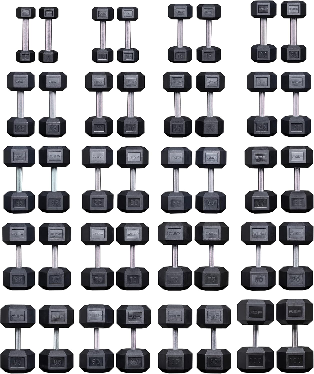 Rep 5-100 lb Rubber Hex Dumbbell Set, Low Odor