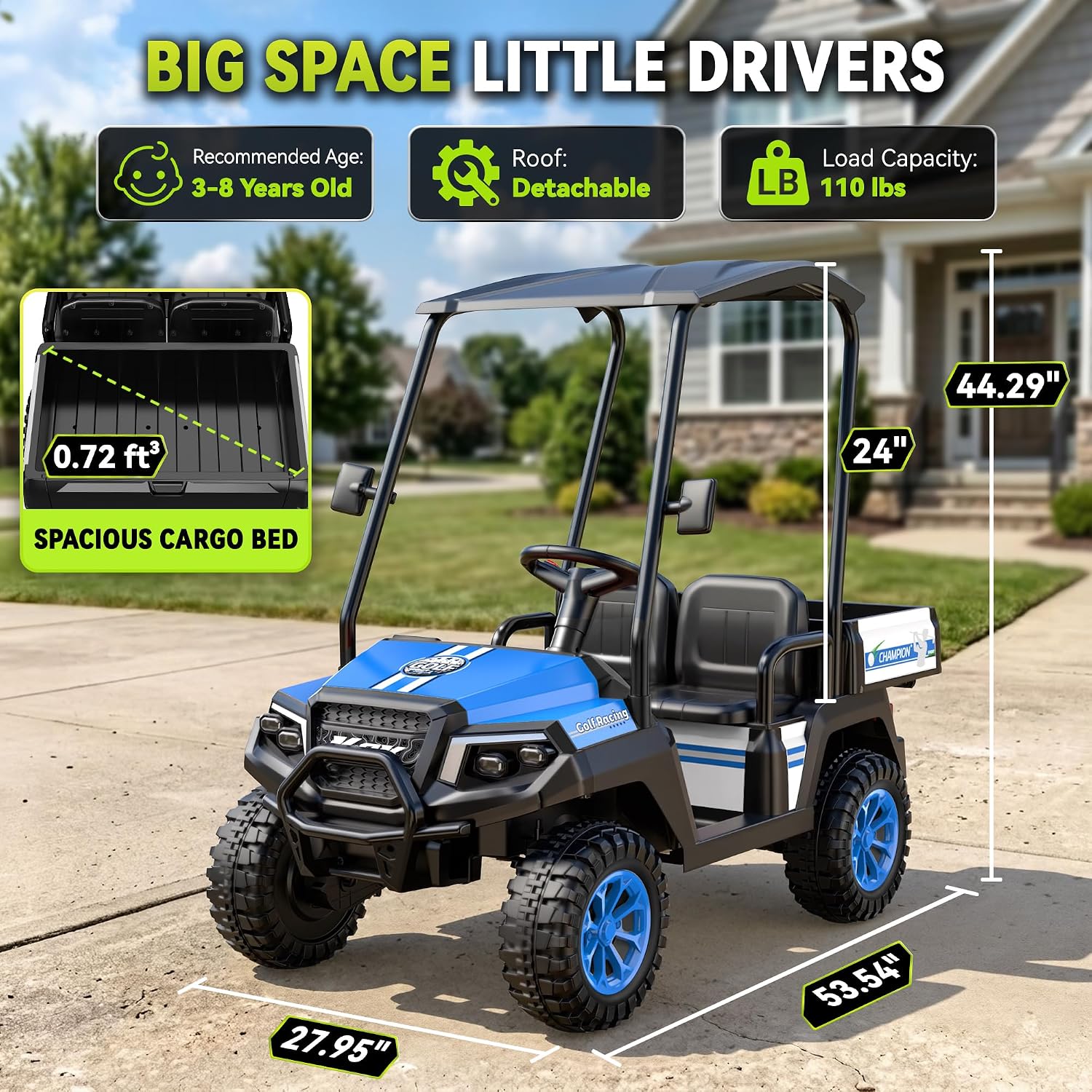 24V Kids Golf Cart w/Detachable Awning–4WD 2 Seater Ride on Car w/Large Storage Trunk, Remote Control, 3 Speeds, Music Player, LED Lights, Ride On Toys, Gift for Kids Ages 3-8((Blue)
