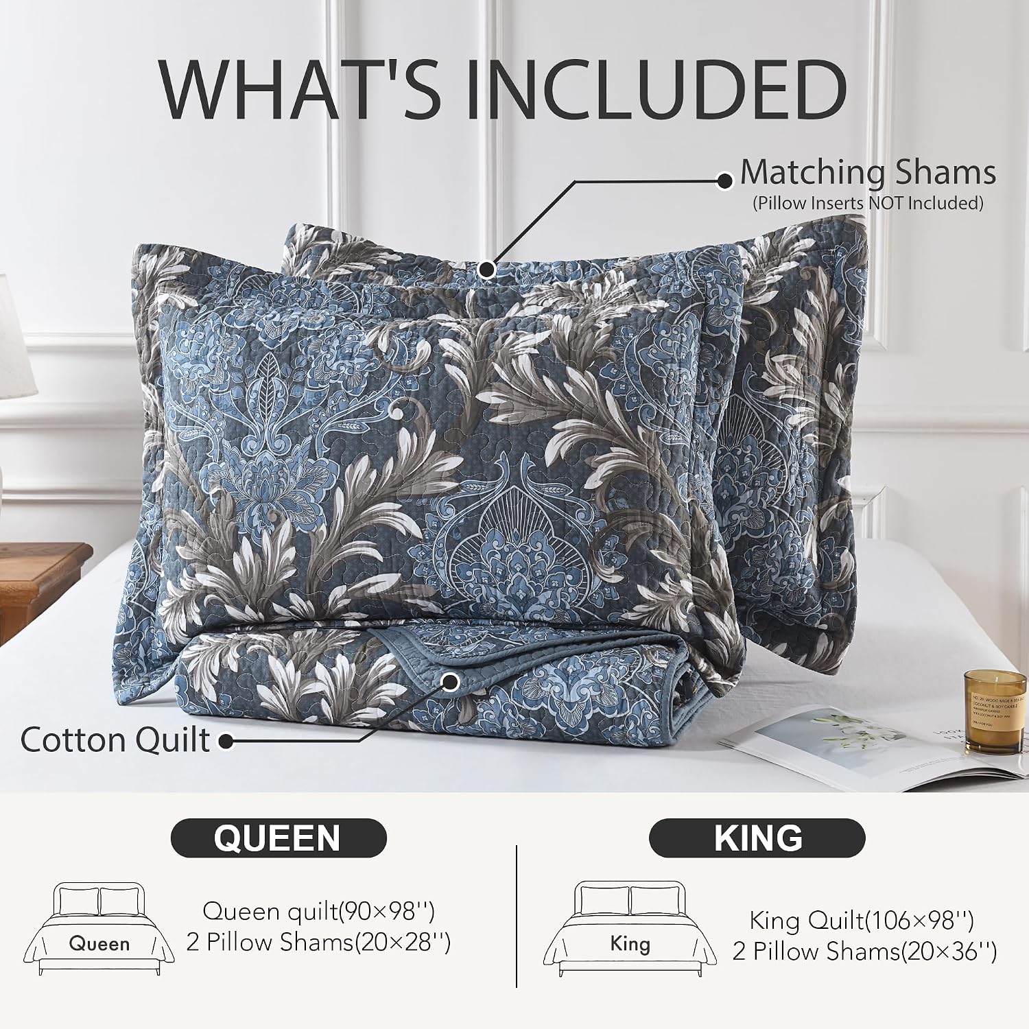 King Size Quilt Set - Blue Gray and White Quilt Set King, 100% Cotton Floral Bedspread Set 3 Piece, Traditional Elegant Lightweight Comforter, Reversible Quilt Bedding Set for All Season