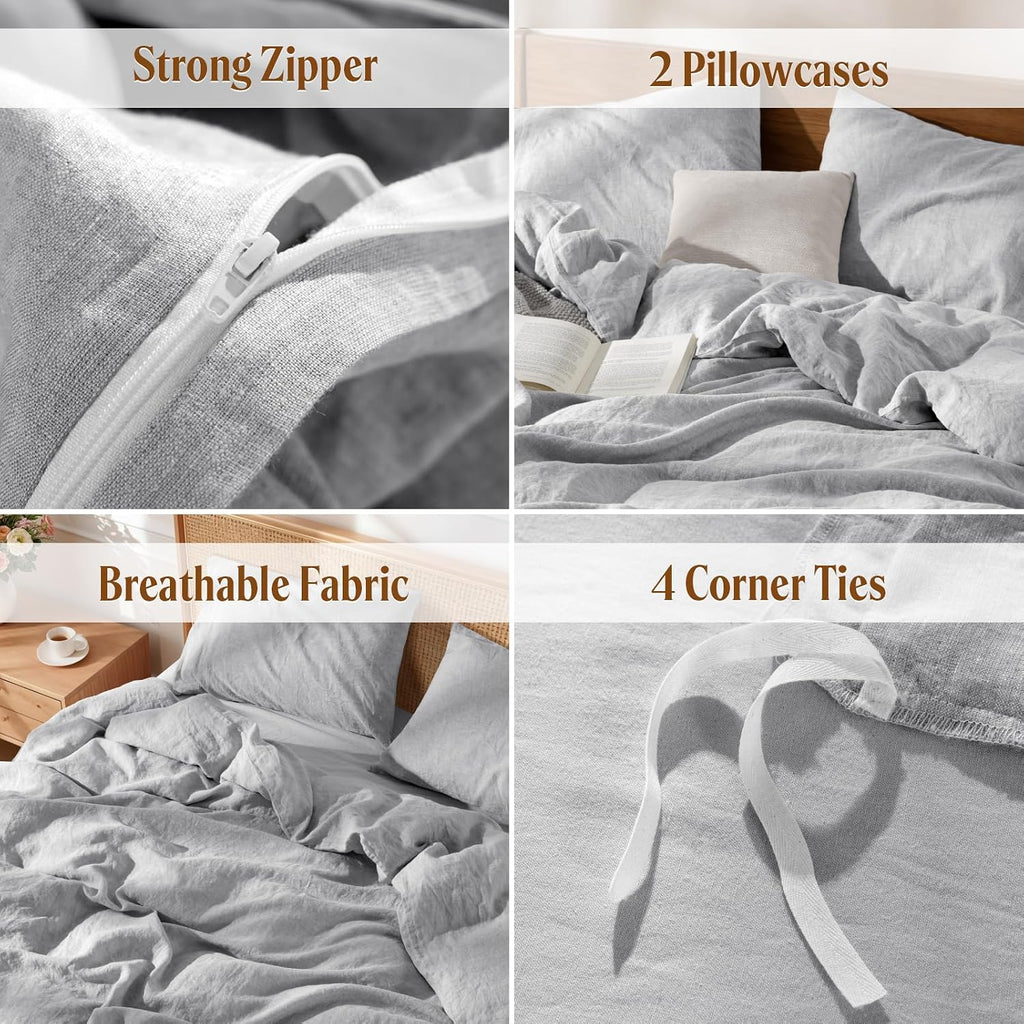 LBRO2M 100% France Linen Duvet Cover Set 3 Pcs Flax Comforter Cover with Zipper Closure 2 Pillowcase 1 Breathable Duvet Cover California King Size Gray