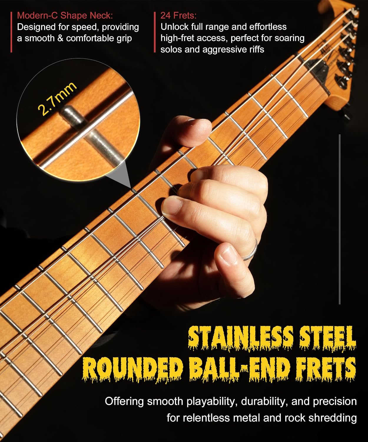 AKLOT Metal V Electric Guitar: HH Pickups, Roasted Maple Neck, Okoume Body, String-Through-Body, Stainless Steel Rounded Ball-End Frets,Beginner Electric Guitar Kit for Adult,Gig Bag,Lesson Book,Black