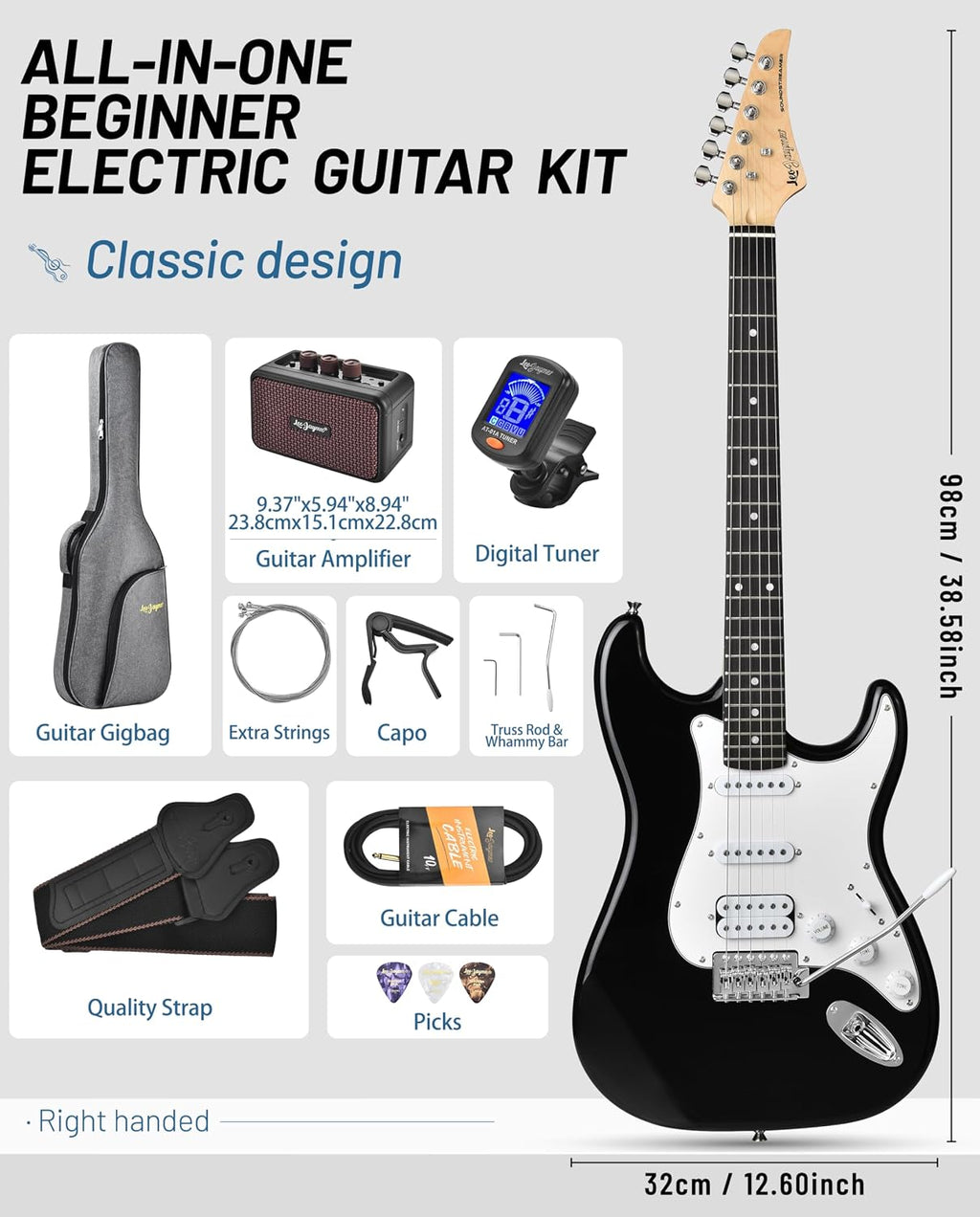 Leo Jaymz Beginner Electric Guitar 39' Kit with Portable Amplifier, Padded Gig Bag, Digital Tuner，Capo，Strap，Picks，HSS Pickups(Black-HSS)