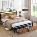 Queen Size Bed Frames with Storage Headboard and Drawers, LED Platform Bed Frame Queen Size, LED Upholstered Bed Frame with Charging Station, No Box Spring Needed, Easy Assembly,Grey