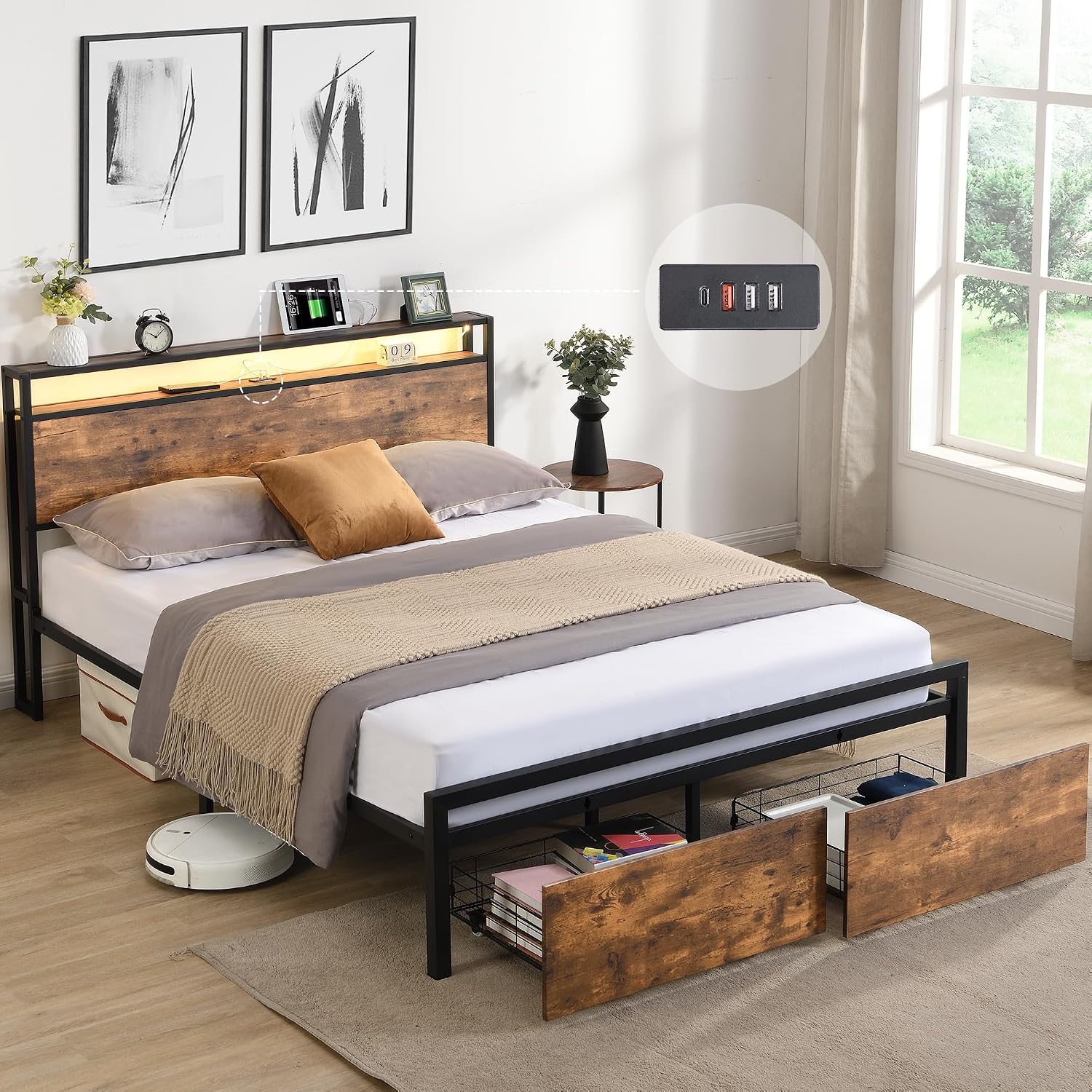 Queen Size Bed Frames with Storage Headboard and Drawers, LED Platform Bed Frame Queen Size, LED Upholstered Bed Frame with Charging Station, No Box Spring Needed, Easy Assembly,Grey