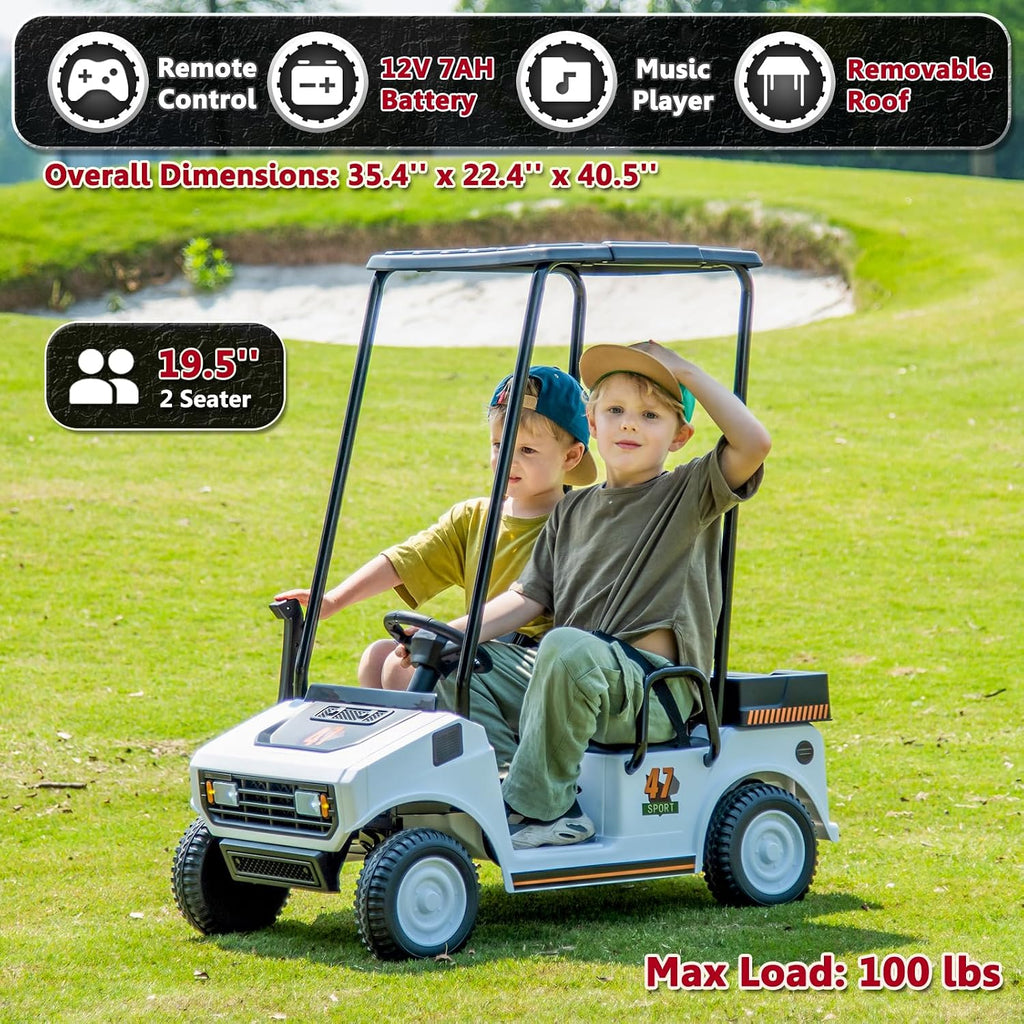 12V 7AH Golf Cart for Kids Boys Girls, Battery Powered Ride on Toys with Parent Remote Control, 2 Seater Ride on Golf Cart with Plastic Roof, Real Pedal, Music Player, Horn (White)