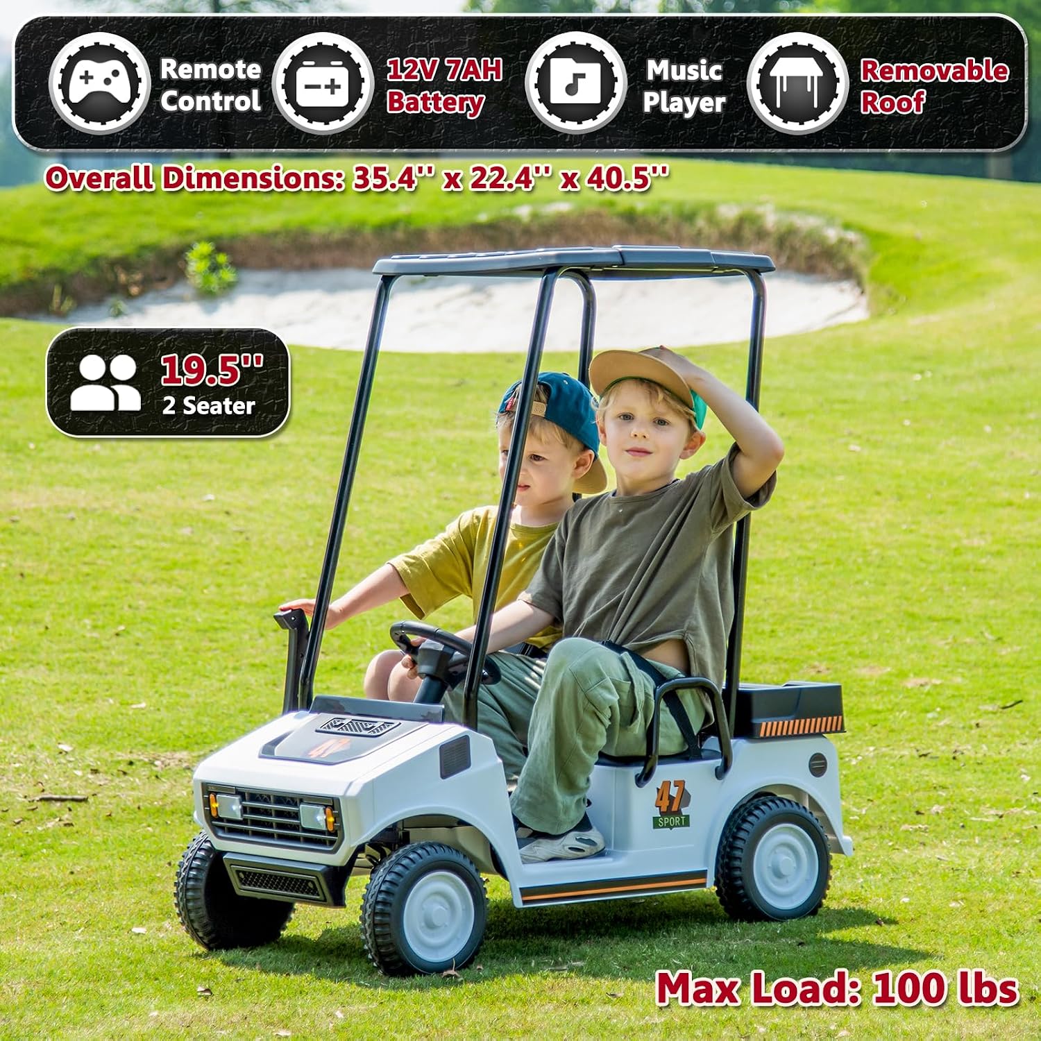 12V 7AH Golf Cart for Kids Boys Girls, Battery Powered Ride on Toys with Parent Remote Control, 2 Seater Ride on Golf Cart with Plastic Roof, Real Pedal, Music Player, Horn (White)
