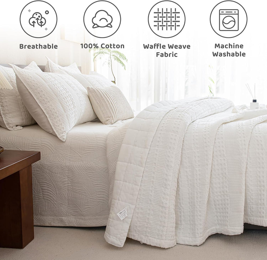 Sanracie Cotton Oversized King Bedspread(120'x120'),White Waffle Quilt Set 3Pcs Soft Lightweight Extra Large King Quilt Bedding Set,Farmhouse Coverlet Quilt Set Shabby Vintage Chic Bedding Set