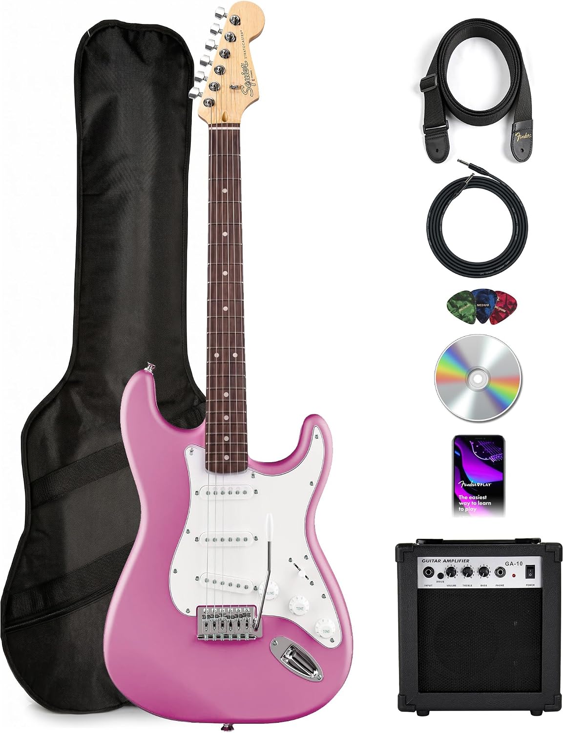 Fender Squier Stratocaster - Flash Pink Bundle with Amplifier, Gig Bag, Instrument Cable, Strap, Picks, and Austin Bazaar Instructional DVD