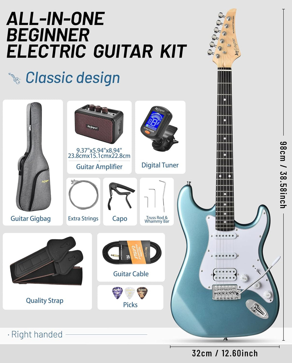 Leo Jaymz Beginner Electric Guitar 39' Kit with Portable Amplifier, Padded Gig Bag, Digital Tuner，Capo，Strap，Picks，HSS Pickups (Cyan-HSS)