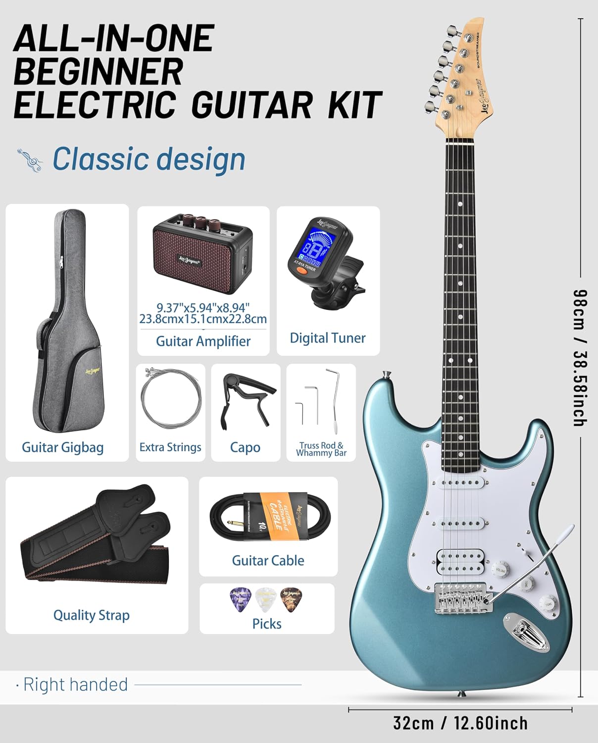 Leo Jaymz Beginner Electric Guitar 39' Kit with Portable Amplifier, Padded Gig Bag, Digital Tuner，Capo，Strap，Picks，HSS Pickups (Cyan-HSS)