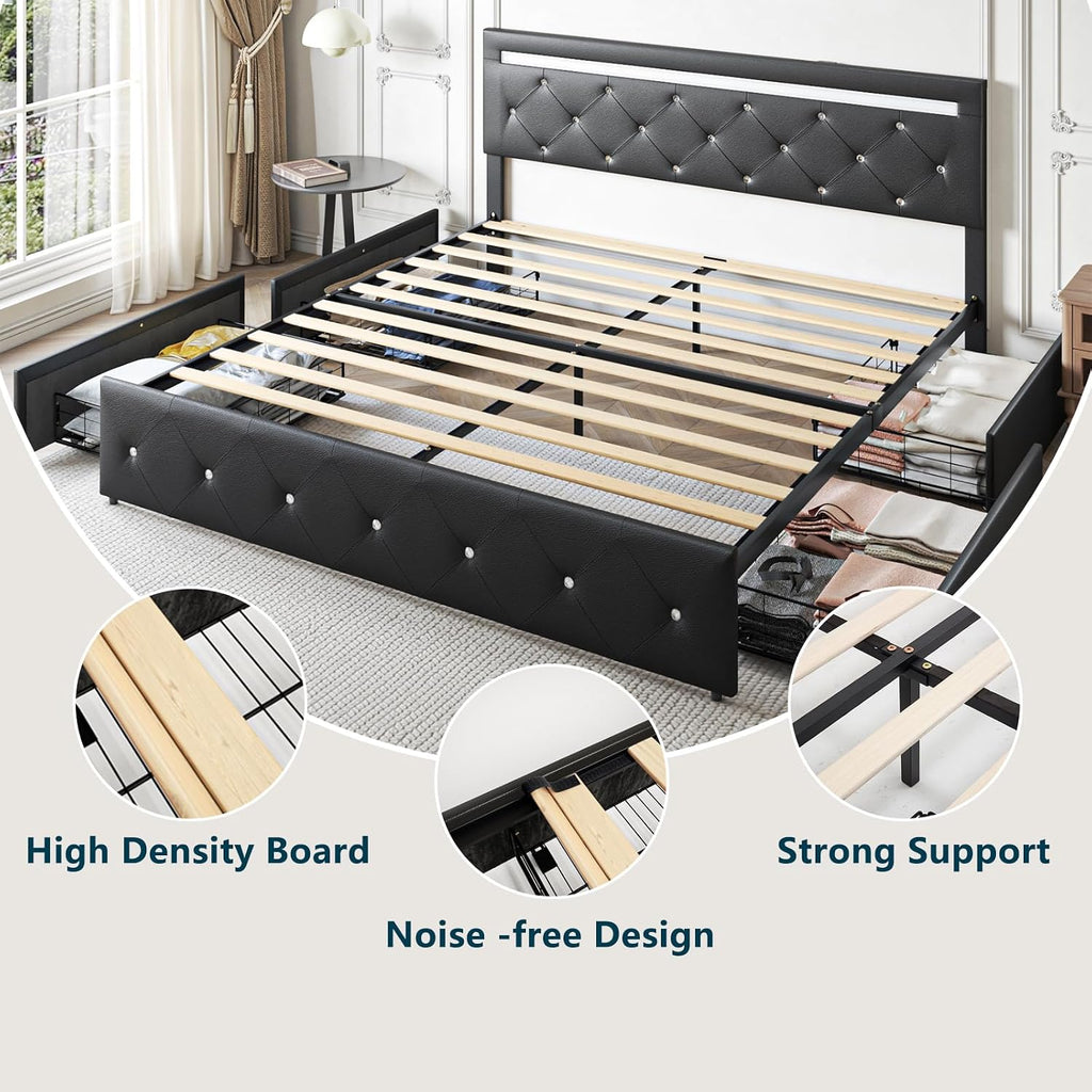 Bed Frame Queen Size with LED Light and Storage Drawers, Adjustable Headboard with PU Leather Upholstered, 2 Sockets and 2 USB Ports, No Box Spring Needed, Wooden Slats Support, Black