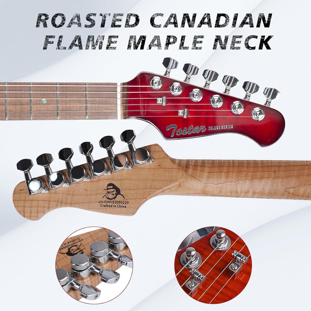 TOSTAR Electric Guitar with HSH Alnico 5 Pickups, Locking Tuners, Push-Pull Coil Split, Enhanced Sustain, Solid Body Electric Guitars for Advanced Players, Guitarra Electrica, Red