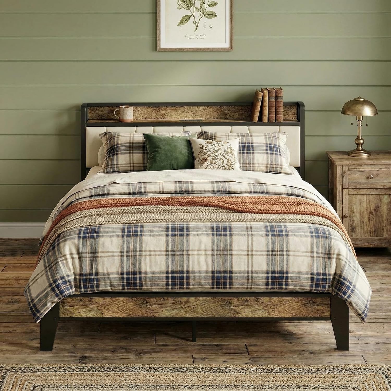 LIKIMIO Queen Bed Frame, Storage Headboard with Charging Station, Solid and Stable, Noise Free, No Box Spring Needed, Easy Assembly (Walnut and Beige)
