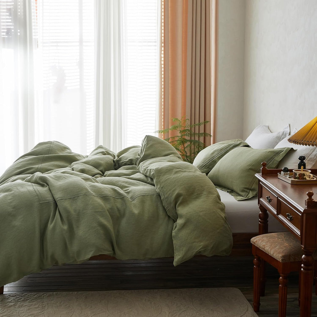 Simple&Opulence 100% Washed Linen Duvet Cover Set 104'x92' - 3 Pieces Soft Farmhouse Comforter Set Double Embroidered with Button Closure - 1 Duvet Cover and 2 Pillowshams (Sage Green, King)