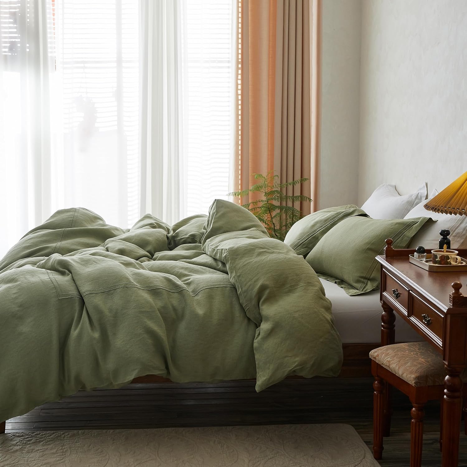 Simple&Opulence 100% Washed Linen Duvet Cover Set 104'x92' - 3 Pieces Soft Farmhouse Comforter Set Double Embroidered with Button Closure - 1 Duvet Cover and 2 Pillowshams (Sage Green, King)