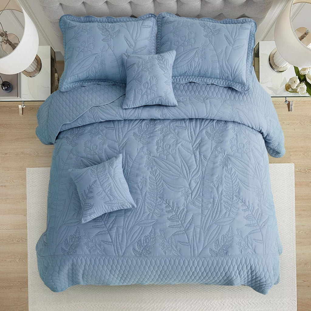 DaisyHuang Botanical Oversized Bedspread King Size - Leaves Pattern Stitching Quilt Set - Elegant & Fresh Style Bedding Coverlets, Reversible, Lightweight, 5 Piece, Ashley Blue