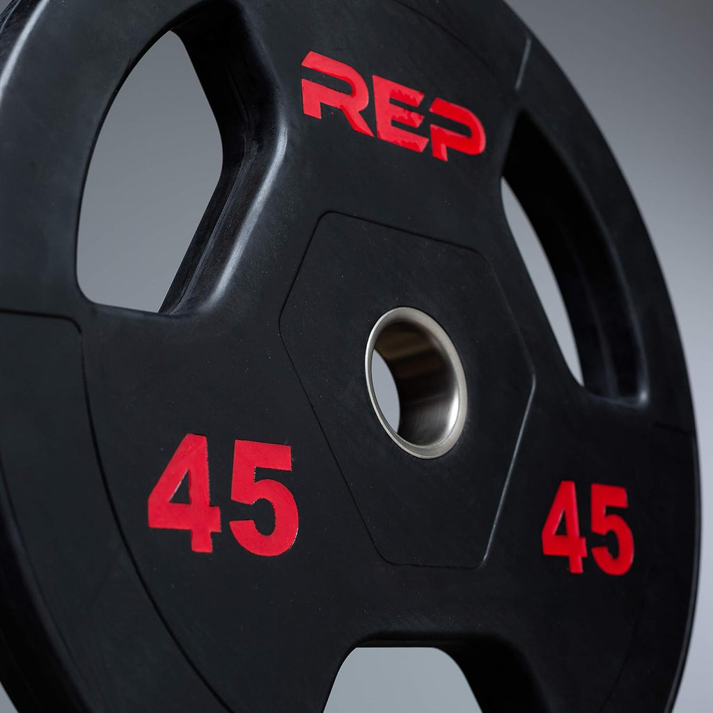 REP Fitness Rubber Coated Olympic Plates, Updated Design - Tri-Grip Olympic Barbell Weights – Sold in Pairs and Sets…