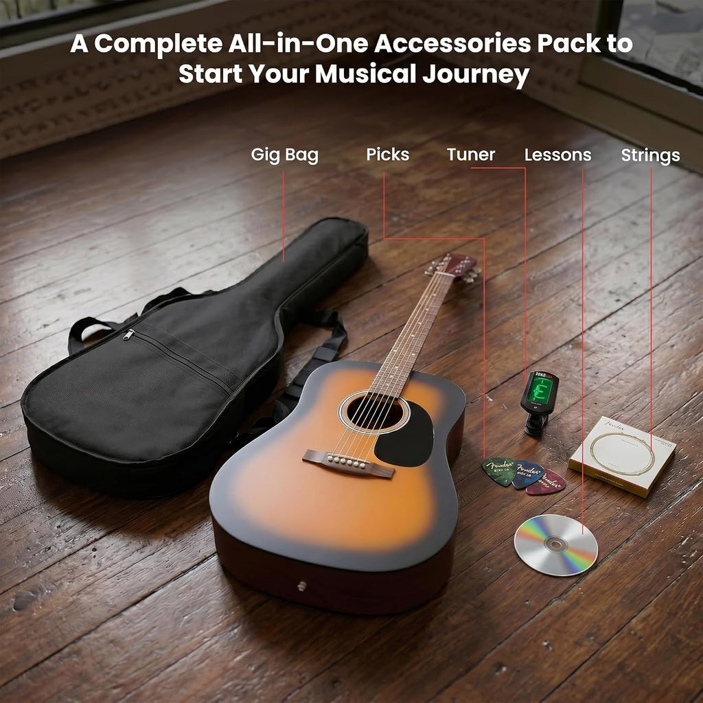 Fender FA Series Dreadnought Acoustic Guitar - 2-Color Sunburst Bundle with Gig Bag, Tuner, Strings, Picks, and Austin Bazaar Instructional DVD