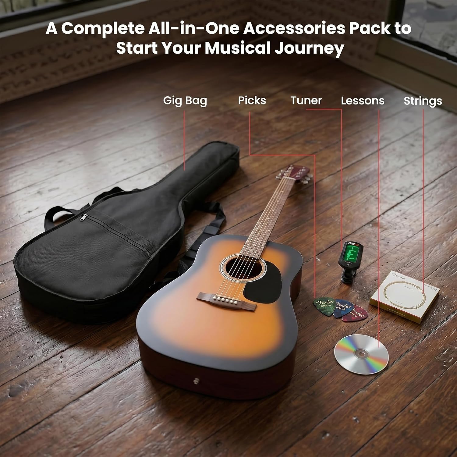 Fender FA Series Dreadnought Acoustic Guitar - 2-Color Sunburst Bundle with Gig Bag, Tuner, Strings, Picks, and Austin Bazaar Instructional DVD