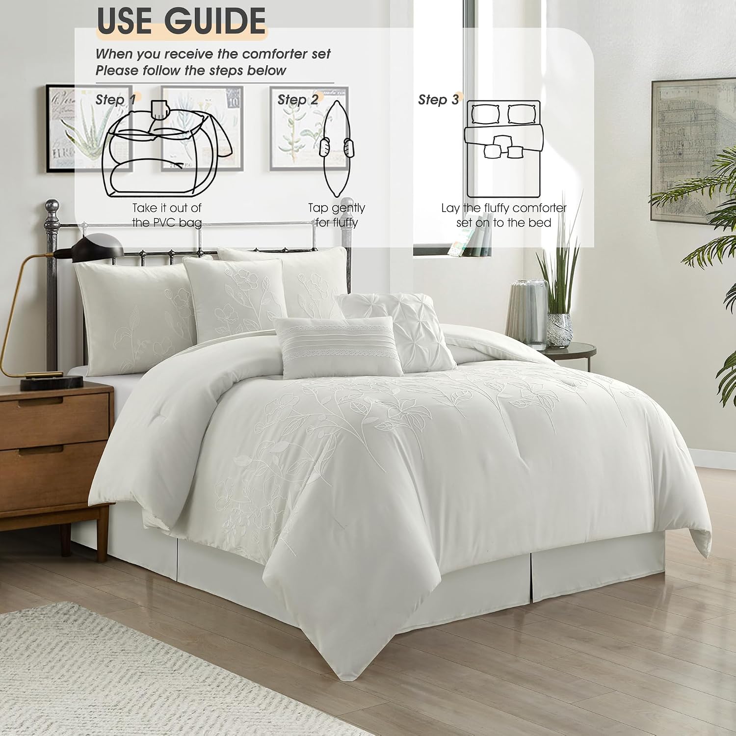 LANCO MODERN LIFESTYLE Beige Queen Comforter Set, Chain Stiching 3D Floral Embroidery, Exquisite and Elegant Bedding Sets, 7 Pieces Bed in a Bag, Bedskirt, Pillow Shams and Decor Pillows