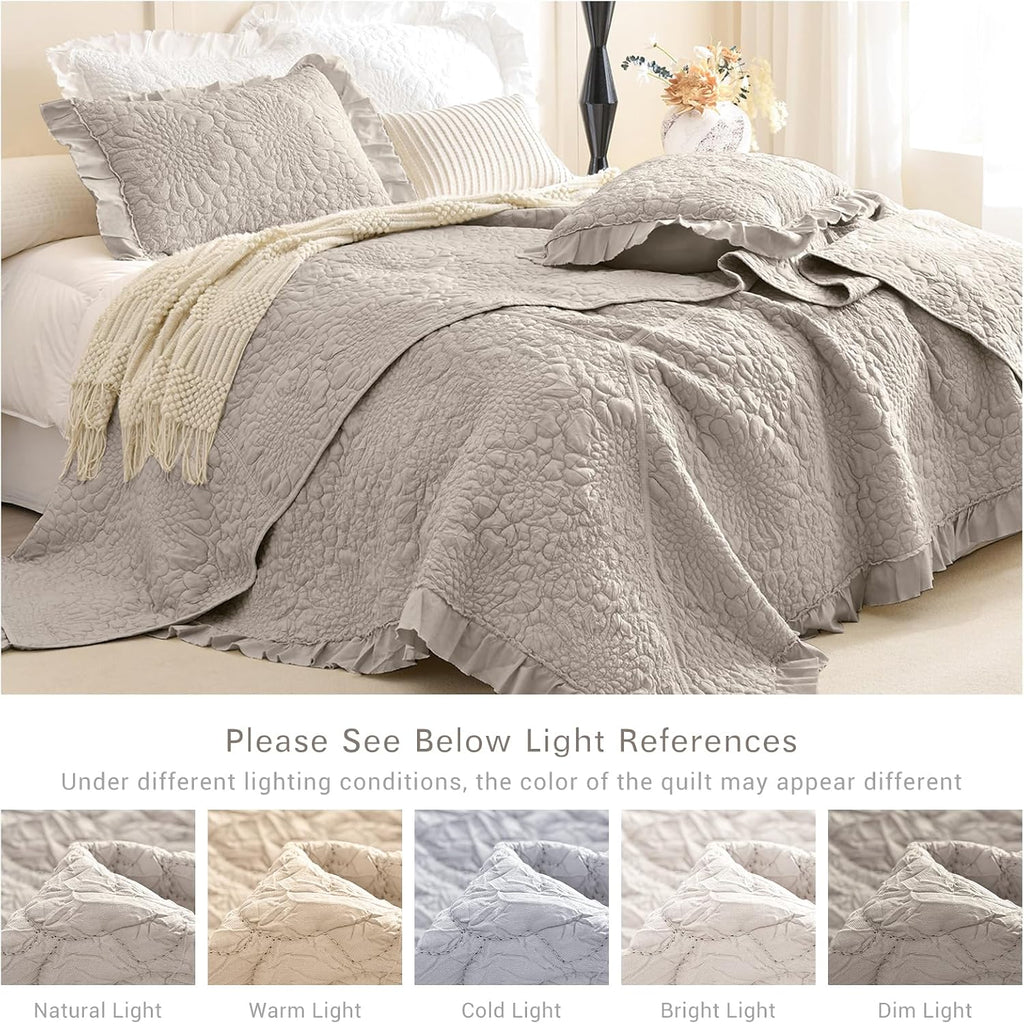 Lady Ann Oversized Bedspread Set 120x120, Extra Large Linen Feel Stone-Washed Ruffled Quilt Set Crinkled Blanket, Lightweight Shabby Quilted Bedspreads &Coverlets 3 PCS Farmhouse Rustic Bedding Sets