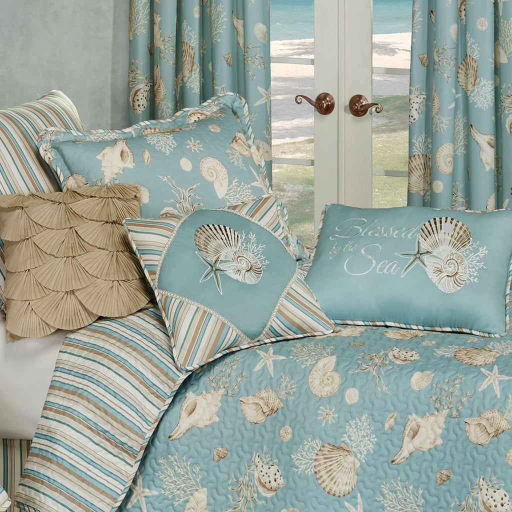 Seabreeze Coastal Beach Bedding | All Season Quilted | Shell Starfish Coral Stripe | Aqua Teal Ivory Cream | 6 Pc Set: Twin Quilt, 1 Standard Sham, Bedskirt, 2 Square Pillows, Rectangle Pillow