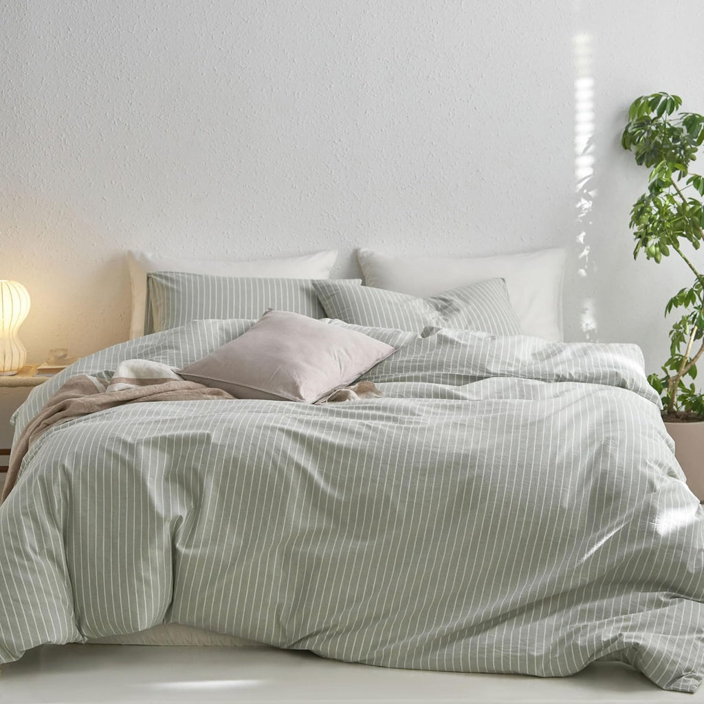MooMee Striped Duvet Cover Set 100% Washed Cotton Linen Like Textured Breathable Durable Soft Comfy (Sage Green White Wide Stripes, Palatial King/Oversized King 120'x98')
