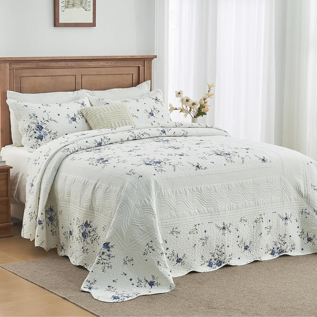 Floral Bedspreads King Size Extra Large, 120x120 Oversized Quilt Bedspread Coverlet, 100% Cotton Blue and White Bedding Set with Shams, Lightweight Soft Quilted Thin Comforter, 3 Piece