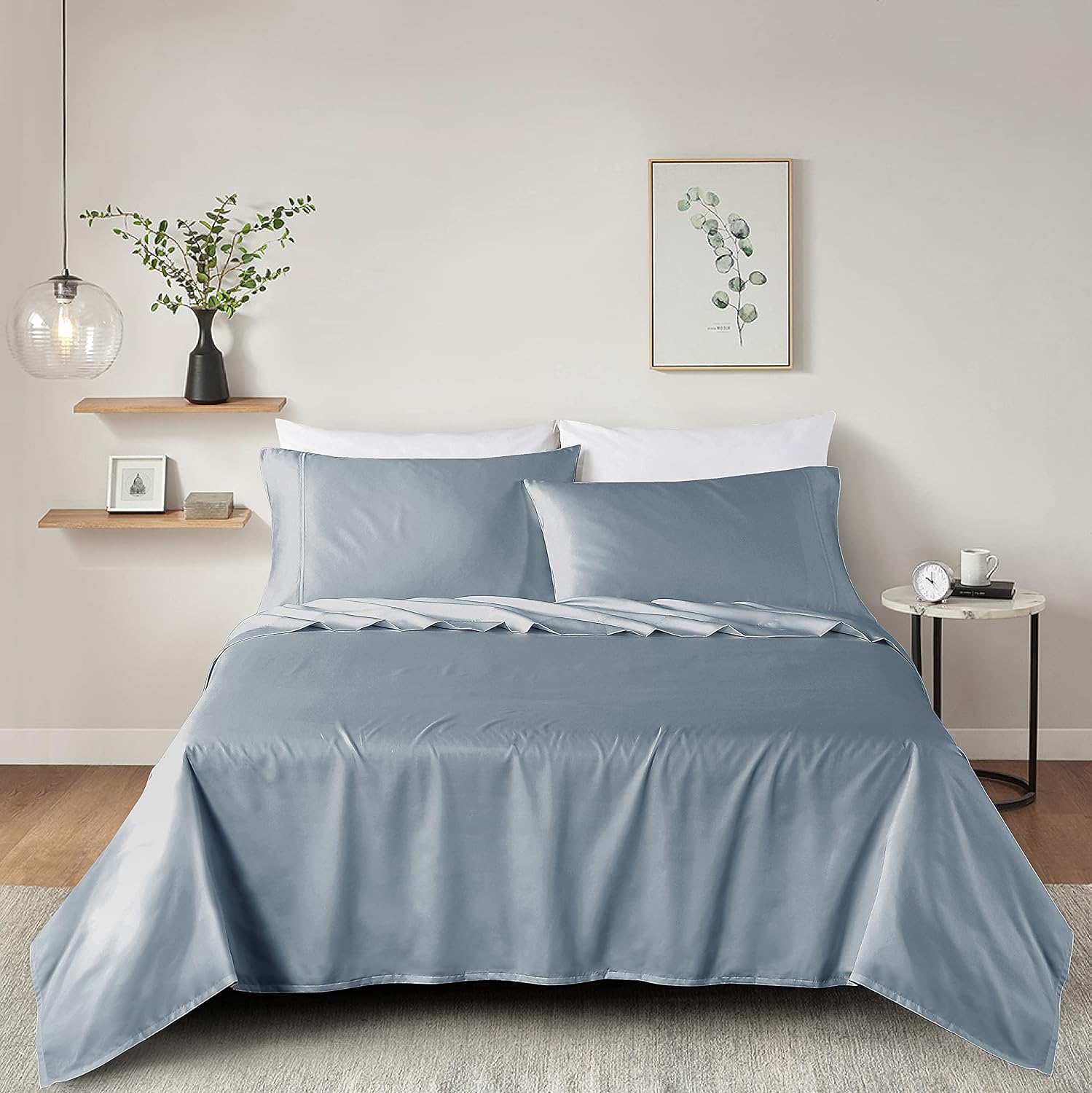 100% Supima Cotton Sheets 600 Thread Count,Bed Sheet Set Queen Size Sheets 4 Pieces,Soft & Silk Sateen Weave, Fits Mattress Up to 18',Deep Pocket, Breathable & Fade Resistant(Blue Grey,Queen)
