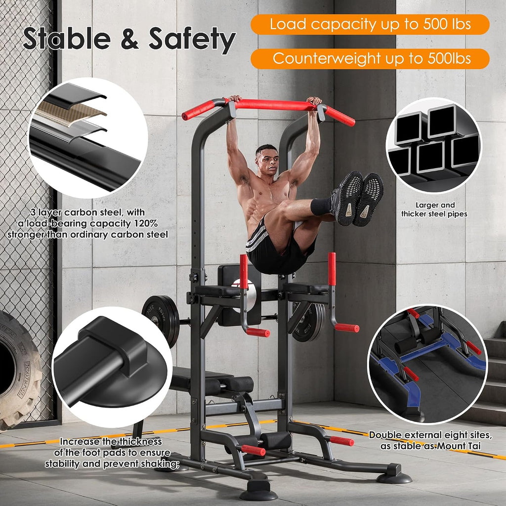 soges Pull Up Bar Dip Station, Power Tower with Folding Dumbbell Bench & Backrest, Adjustable Height Pull Up Bar Stand, Multi-Function Home Gym Strength Training Fitness Equipment 330LBS