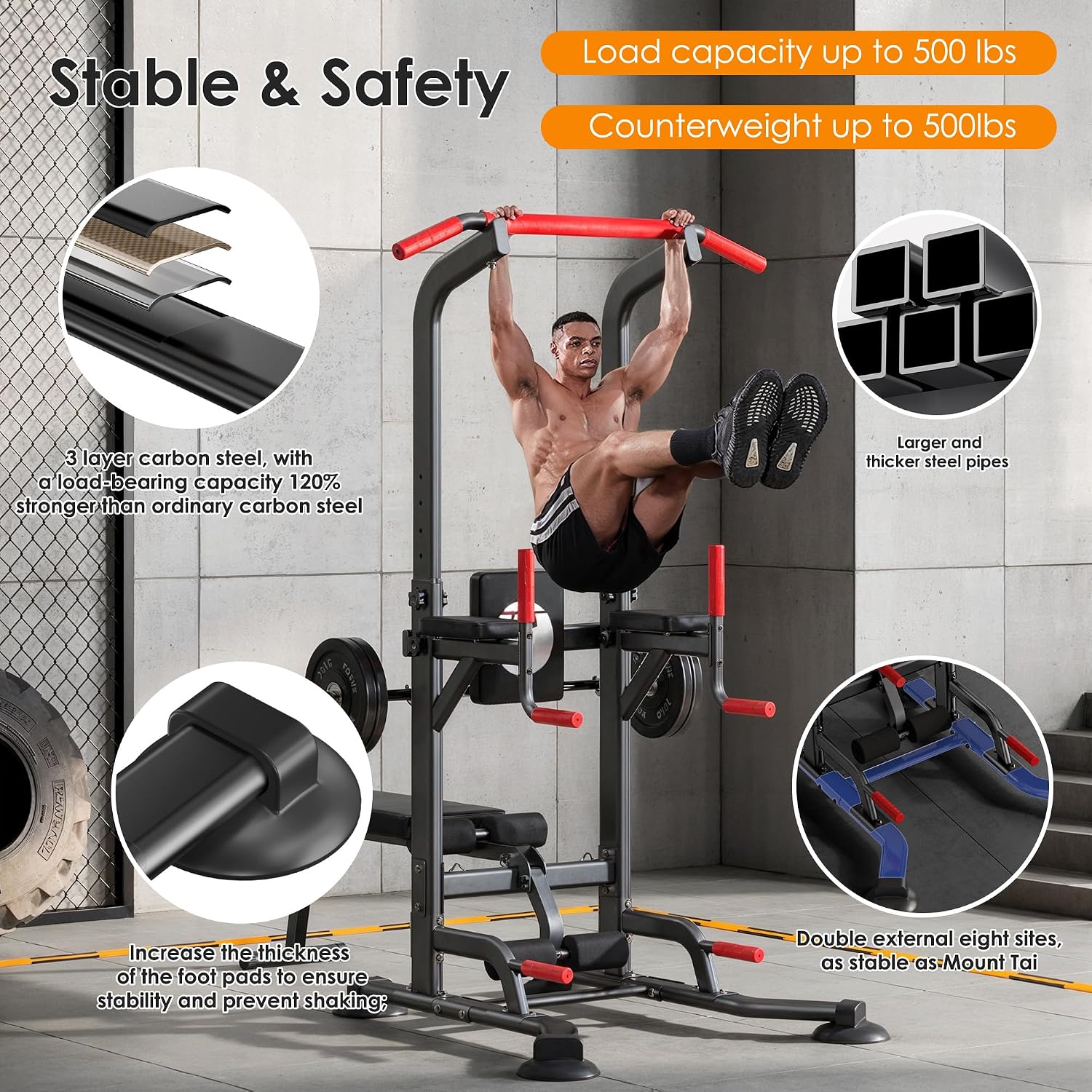 soges Pull Up Bar Dip Station, Power Tower with Folding Dumbbell Bench & Backrest, Adjustable Height Pull Up Bar Stand, Multi-Function Home Gym Strength Training Fitness Equipment 330LBS
