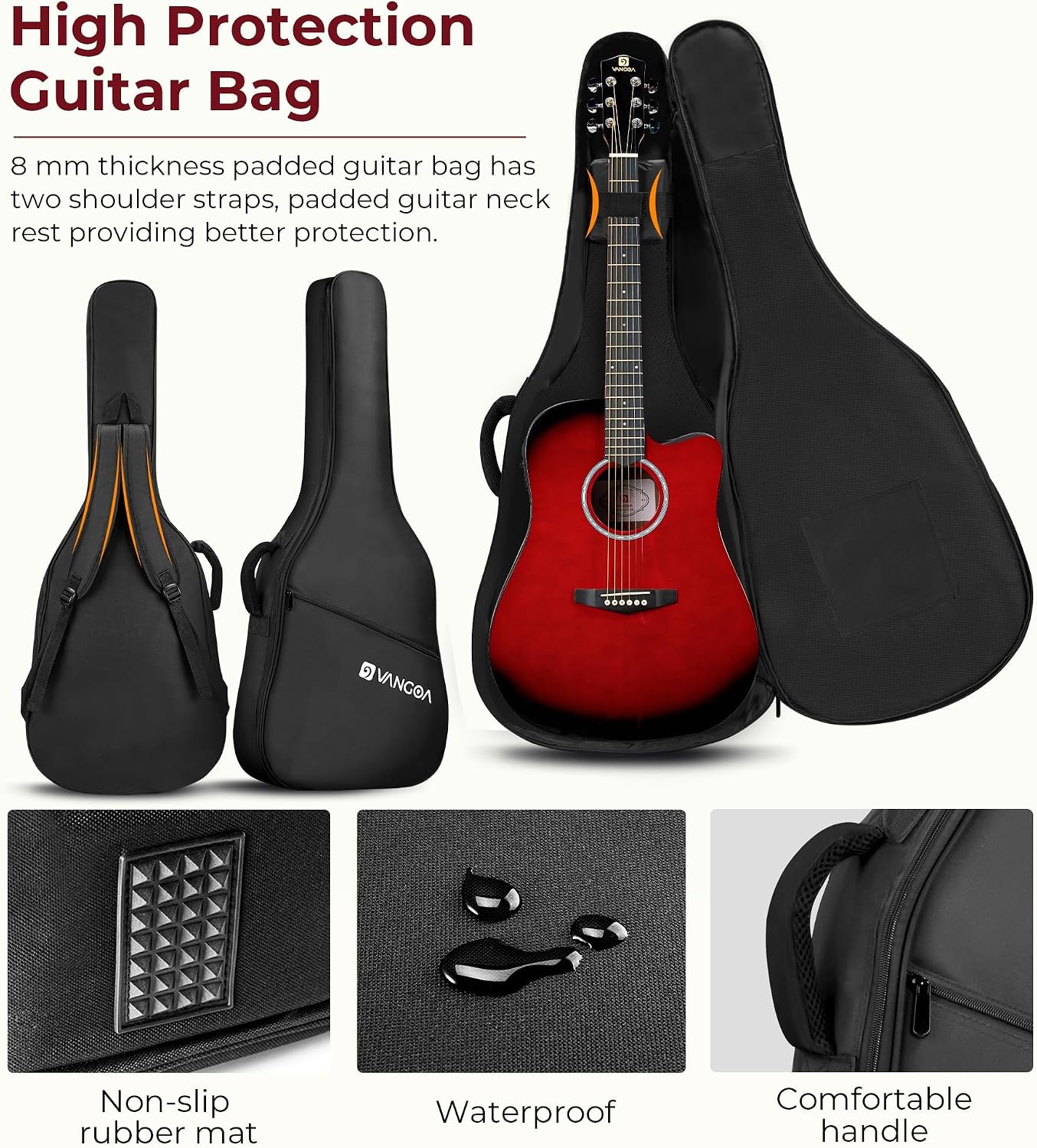 Vangoa Electric Acoustic Guitar Kit for Beginners Adults 41 inch Full Size Cutaway Electric Acoustic Guitar Bundle Set with Built-in Pickups Bag Tuner Strap Capo Picks Cable, Glossy Red