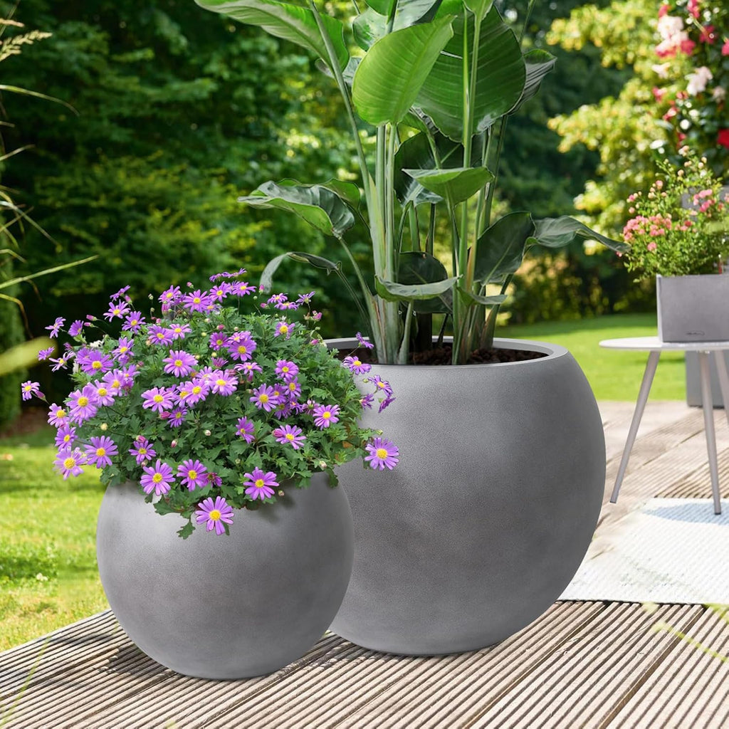 Panlaolao 13.5 H x 17' Dia (12' Pot Opening) Round Fiberstone Planter with Drainage Hole, Gray, Indoor/Outdoor Large Plant Pot for Home Patio Garden, Ideal for Large Plants