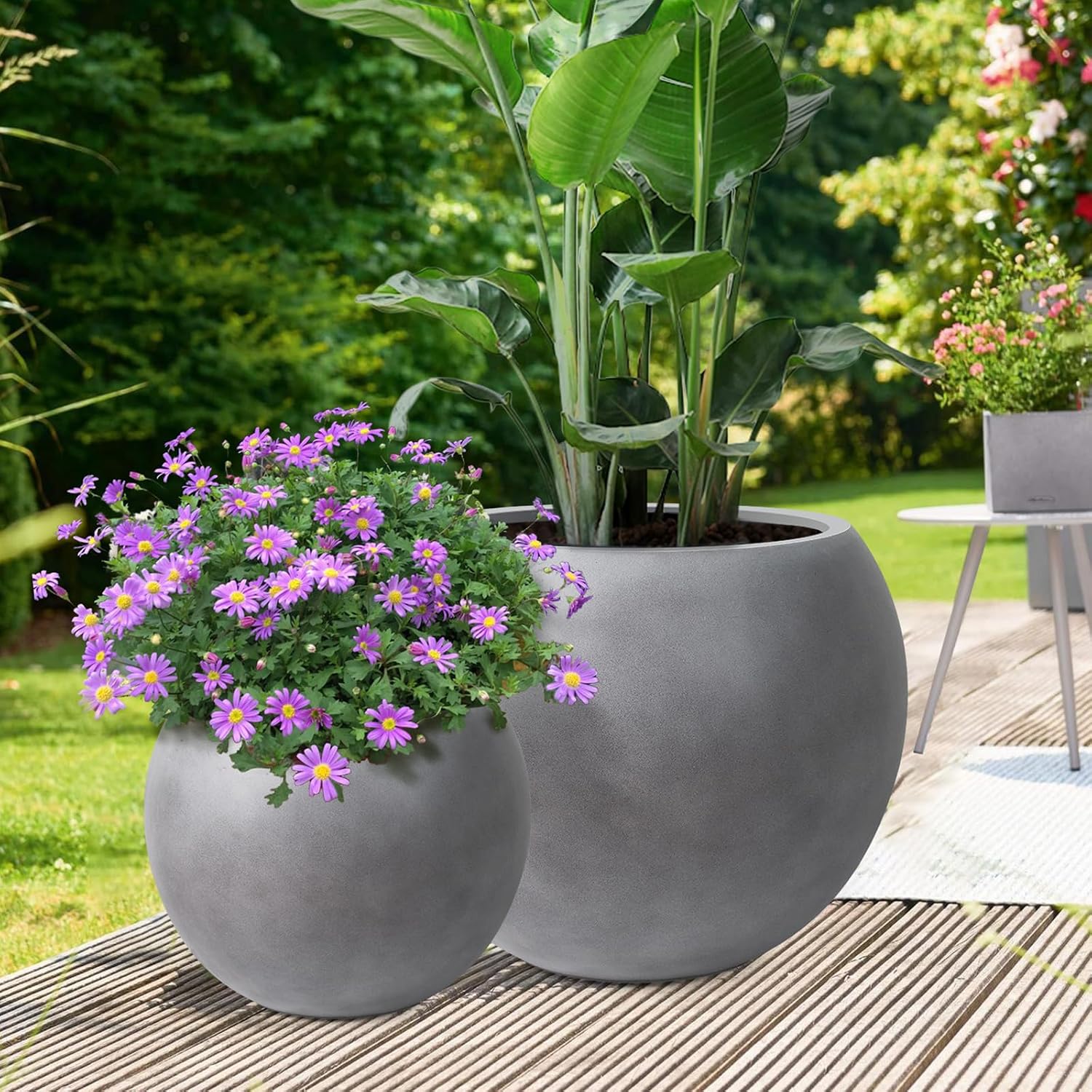 Panlaolao 13.5 H x 17' Dia (12' Pot Opening) Round Fiberstone Planter with Drainage Hole, Gray, Indoor/Outdoor Large Plant Pot for Home Patio Garden, Ideal for Large Plants