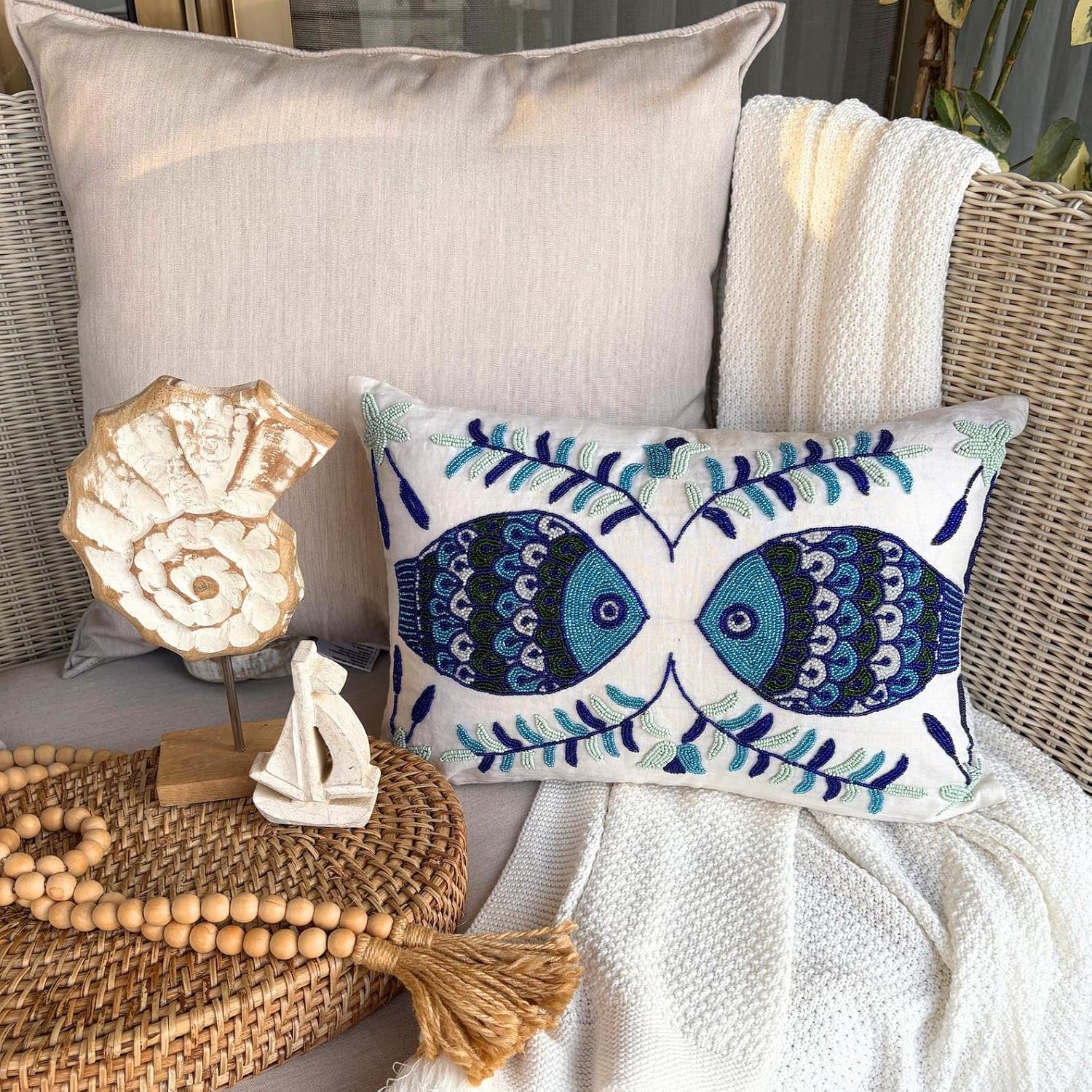 The HomeCentric Decorative Oblong/Lumbar Throw Pillow Covers Accent Pillows Couch Sofa Pillow Case Pack of 2, 12'x24' (30x60 cm) White Silk Dupioni Bead Embroidery - Fish Tales