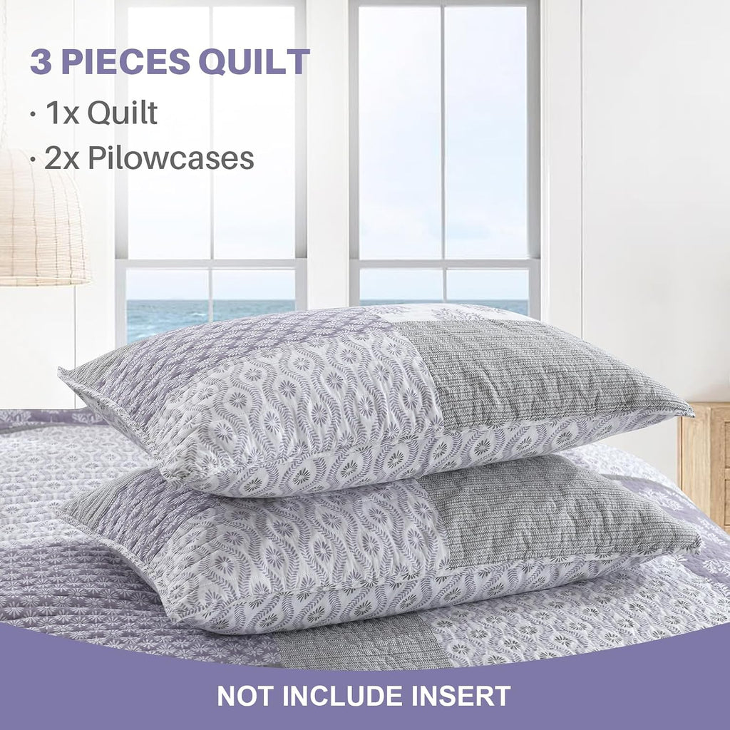 Y-PLWOMEN Quilts Queen Size, 100% Cotton Lightweight Soft Queen Quilt, Purple Grey White Quilted Bedspread, Patchwork Reversible Quilt Bedding Set All Season, 3-Pieces