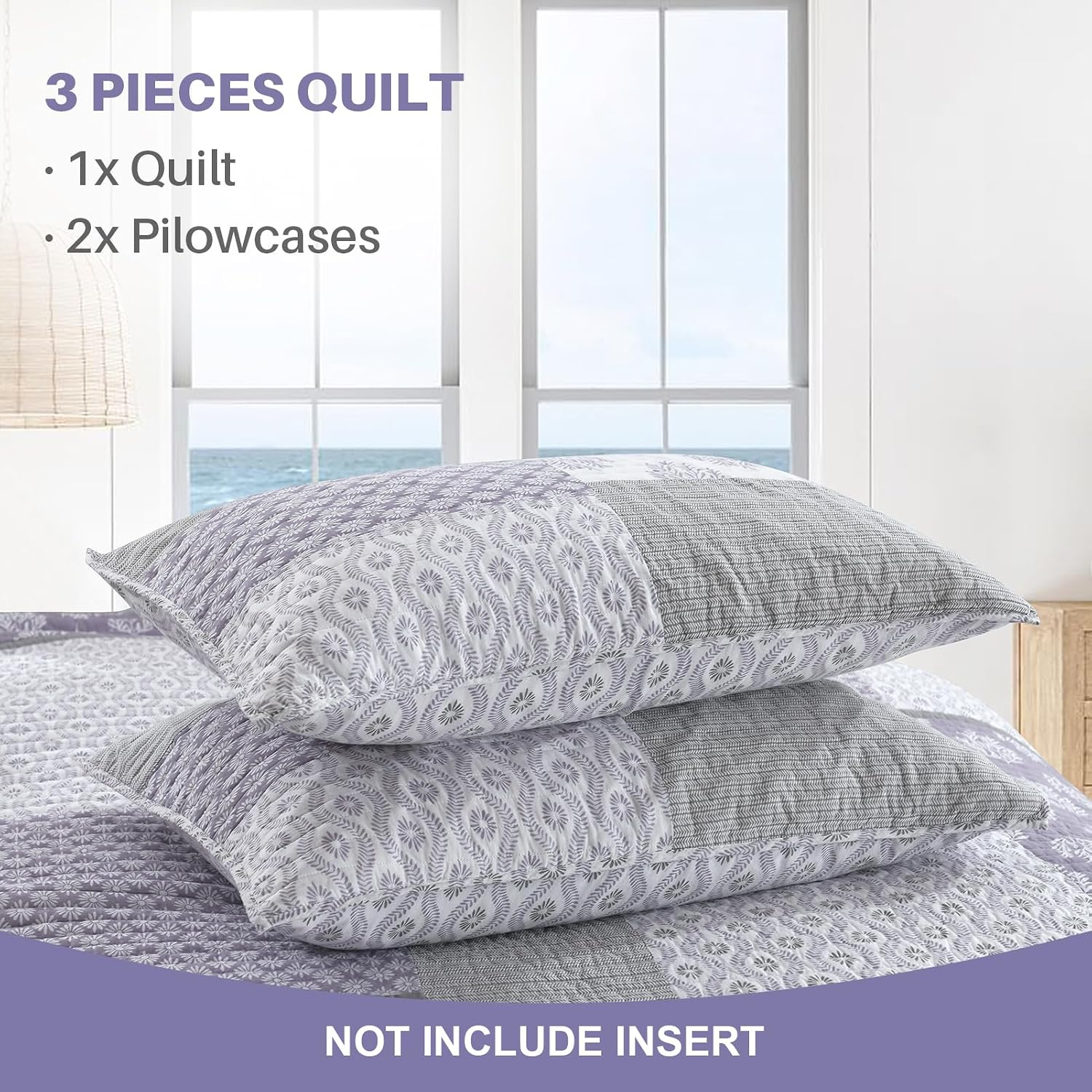 Y-PLWOMEN Quilts Queen Size, 100% Cotton Lightweight Soft Queen Quilt, Purple Grey White Quilted Bedspread, Patchwork Reversible Quilt Bedding Set All Season, 3-Pieces