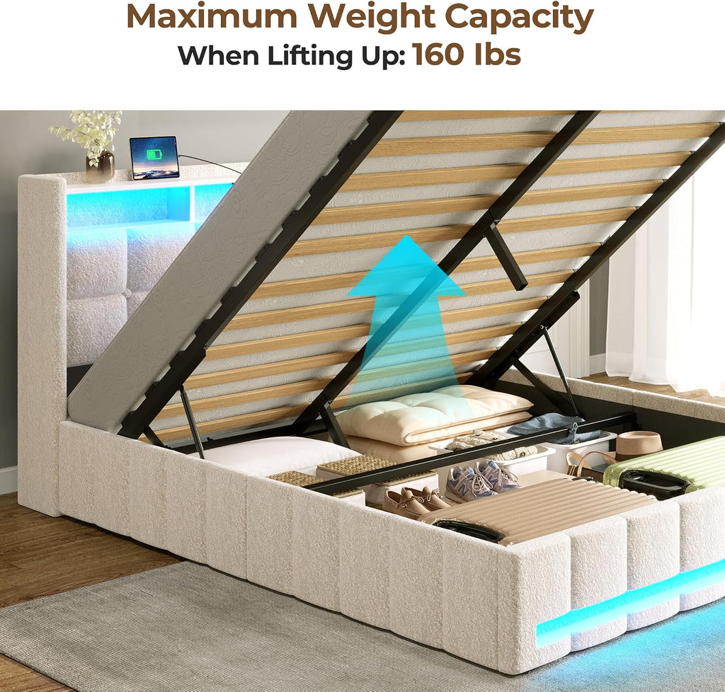 Rolanstar Bed Frame Full Size with Lift Up Storage, Charging Station & LED Lights, Upholstered Storage Headboard, Heavy Duty Wooden Slats, No Box Spring Needed, Noise Free, Easy Assembly, Beige