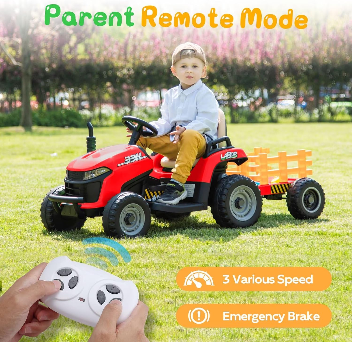 ANPABO 24V Ride On Tractor w/Tiltable & Detachable Trailer, EVA Tires, Up to 4.3Mph, Ride On Toys with Parental Remote, Realistic Tractor Sound & Chimney, Music Player, LED Light, Red