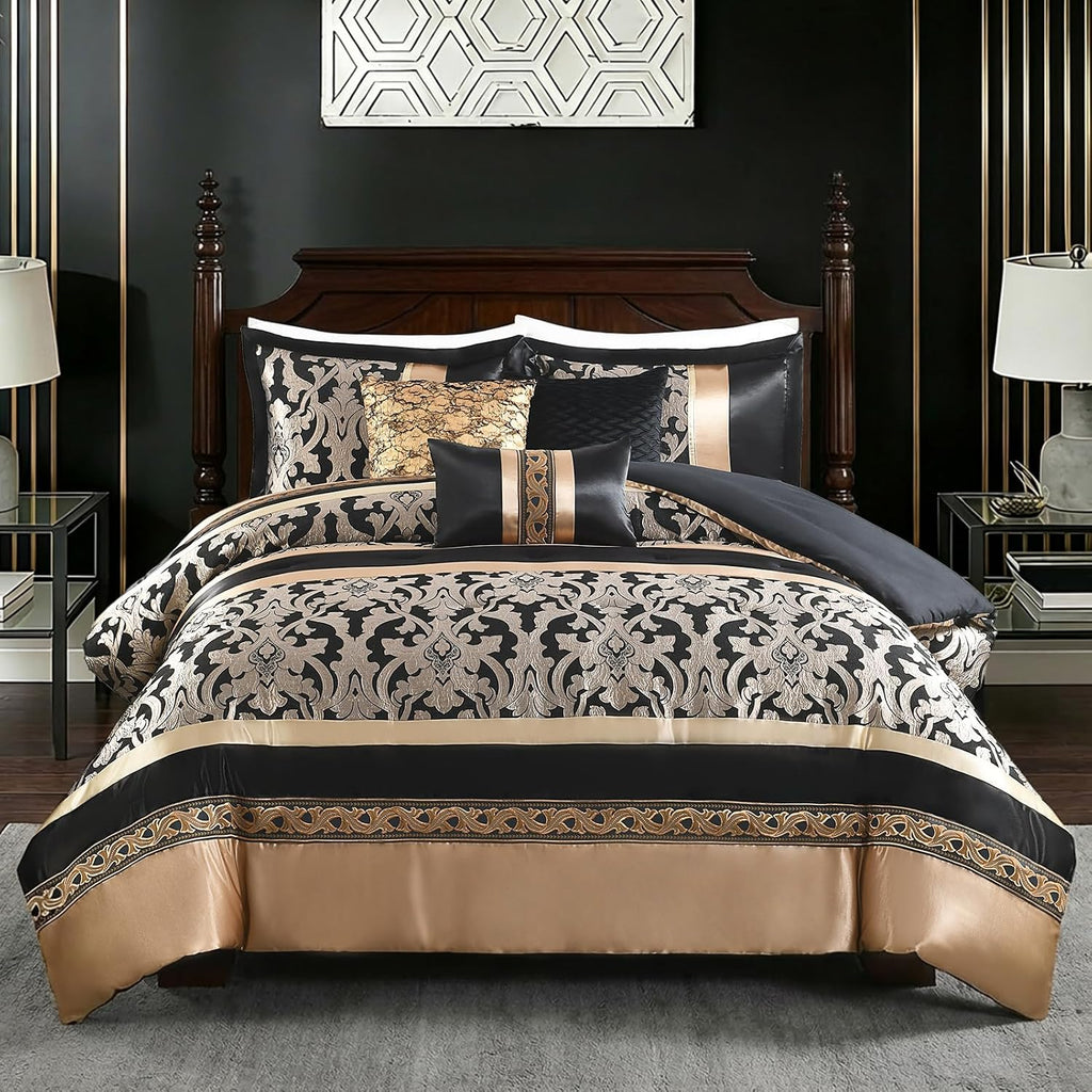 CozyDH Black and Gold Jacquard Comforter Set - 7 Piece King Luxury Damask Patchwork Design, All Season Down Alternative Bedding with Bed Skirt, Shams, Decorative Pillows, 104x90 in