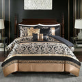 CozyDH Black Gold Jacquard Comforter Set California King - 7 Piece Luxury Bed in a Bag Vintage Damask Patchwork, All Season Down Alternative Bedding with Bed Skirt, Shams, Decor Pillows, 104x96 in