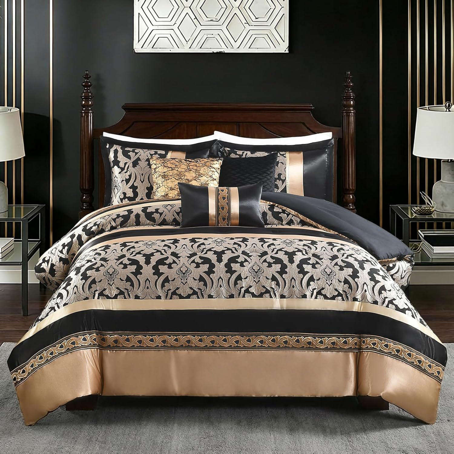 CozyDH Black Gold Jacquard Comforter Set California King - 7 Piece Luxury Bed in a Bag Vintage Damask Patchwork, All Season Down Alternative Bedding with Bed Skirt, Shams, Decor Pillows, 104x96 in