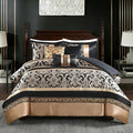CozyDH Black and Gold Jacquard Comforter Set - 7 Piece Queen Luxury Damask Patchwork Design, All-Season Down Alternative Bedding with Bed Skirt, Shams, Decorative Pillows, 90x90 in