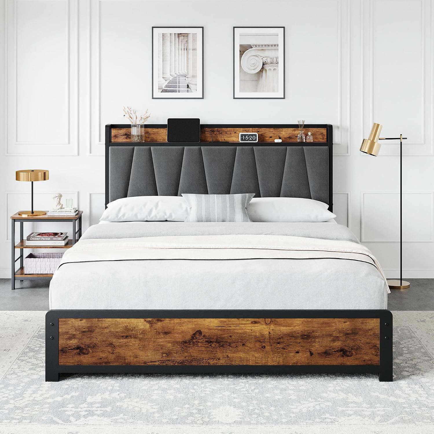 GarveeHome Full Size Bed Frame with Storage Linen Upholstered Headboard, 4 Drawers Platform Bed Frame with Charging Station, No Box Spring Needed, Easy Assembly, Rustic Brown