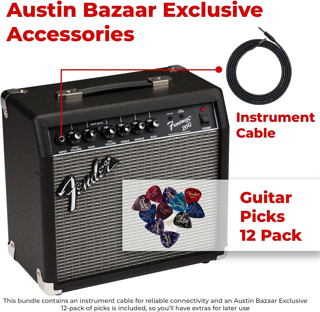 Fender Frontman 20G Guitar Combo Amplifier - Black Bundle with Cable and Austin Bazaar Exclusive 12-Pack Picks