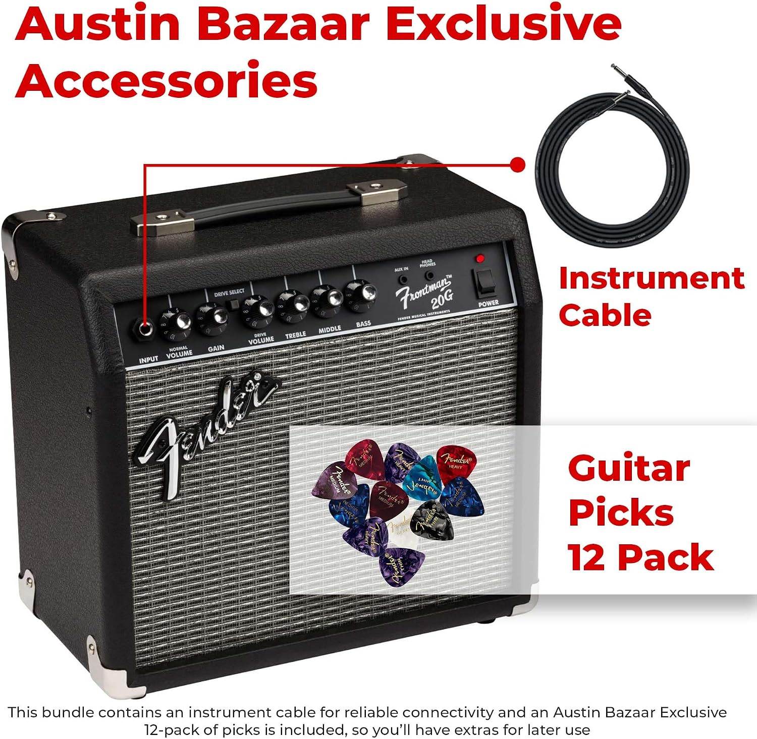 Fender Frontman 20G Guitar Combo Amplifier - Black Bundle with Cable and Austin Bazaar Exclusive 12-Pack Picks