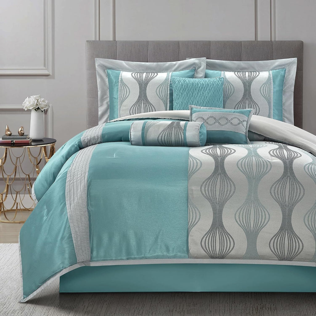 LANCO MODERN LIFESTYLE California King Comforter Set, Blue, 7 Pieces in a Bag, Ultra Soft Jacquard with Solid Piecework, Luxury Bed Set with Comforters, Bed Skirt, Pillow Shams and Decorative Pillows